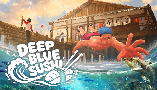 Deep Blue Sushi key art: a diver leaps into the ocean outside a sushi restaurant